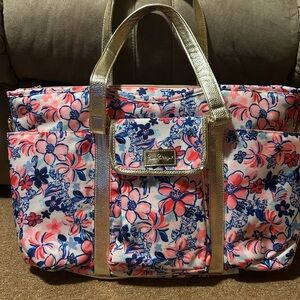 Lilly Pulitzer Floral Tote Bag - Pink and Blue with Gold Accents